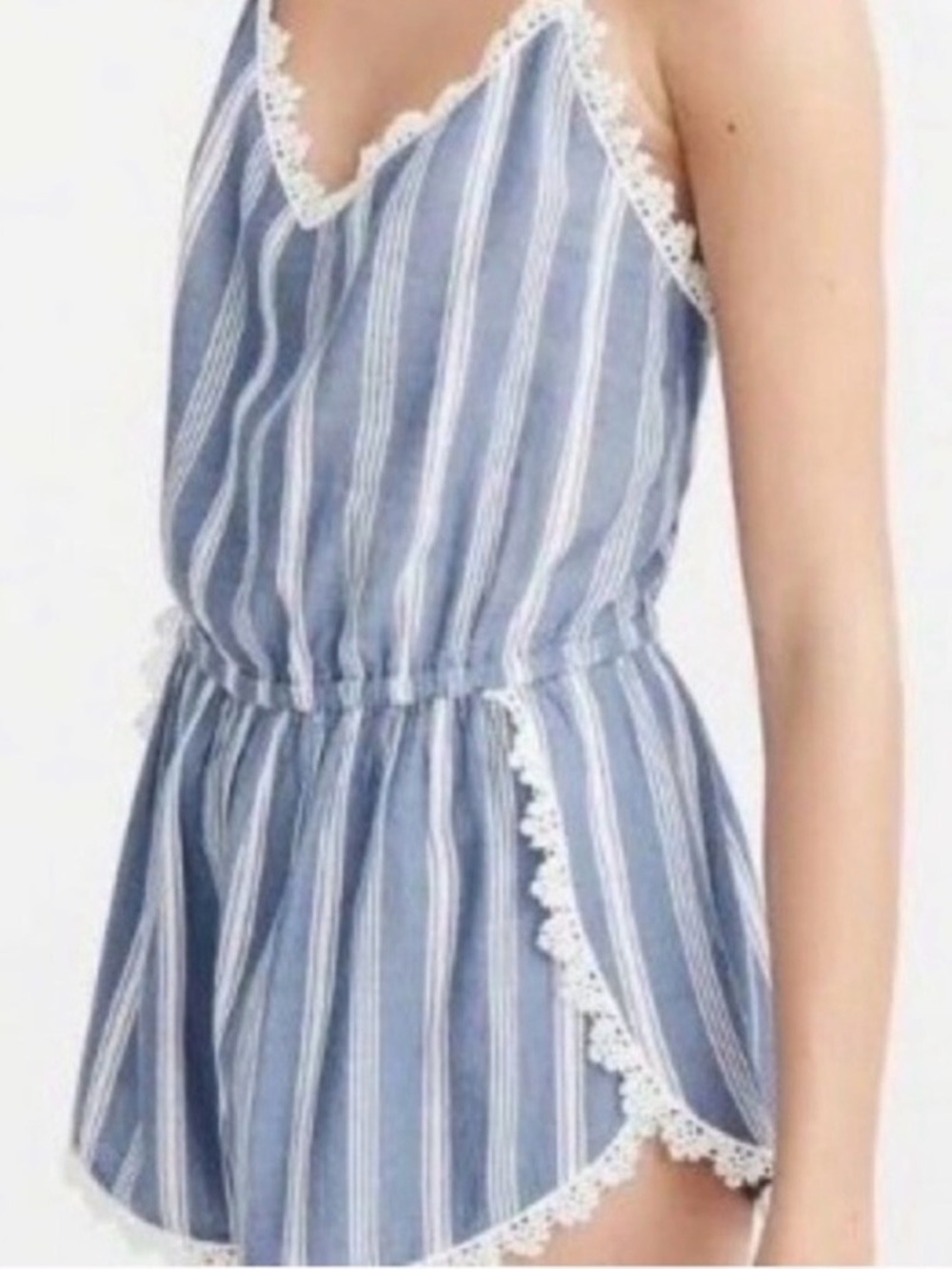 Abercrombie & Fitch Blue and White Striped Lace-Trim Romper